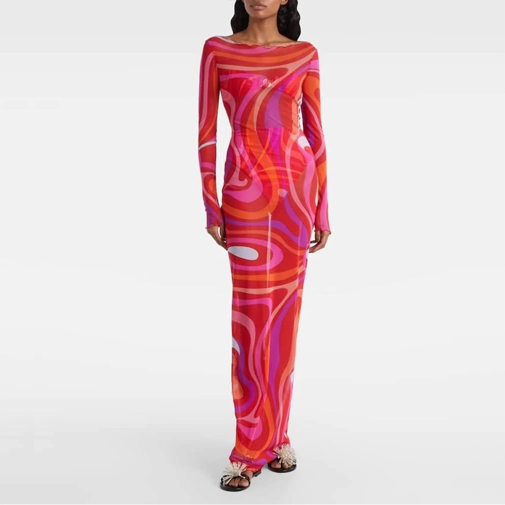 Emilio Pucci Pink-Red Orange Swirl Long Sleeve Maxi Dress